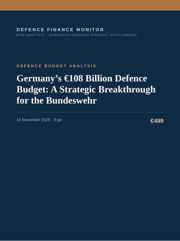 Cover of the DFM report “Germany’s €108 Billion Defence Budget: A Strategic Breakthrough for the Bundeswehr” — Defence Budget Analysis, 5-page PDF