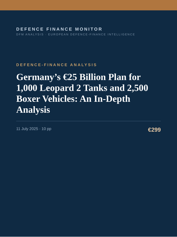 Cover of the DFM report “Germany’s €25 Billion Plan for 1,000 Leopard 2 Tanks and 2,500 Boxer Vehicles: An In-Depth Analysis” — Defence-Finance Analysis, 10-page PDF