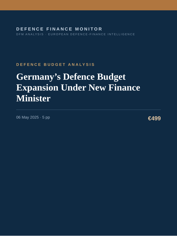 Cover of the DFM report “Germany’s Defence Budget Expansion Under New Finance Minister” — Defence Budget Analysis, 5-page PDF