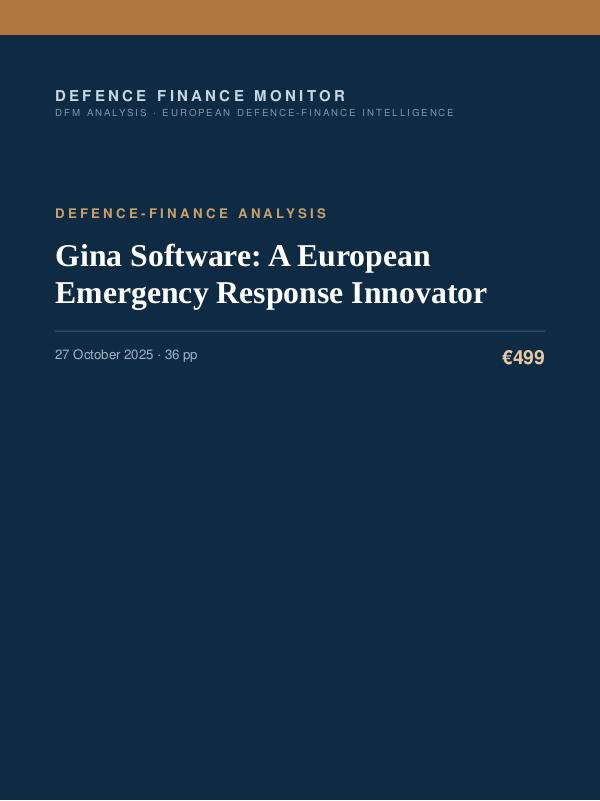 Cover of the DFM report “Gina Software: A European Emergency Response Innovator” — Defence-Finance Analysis, 36-page PDF