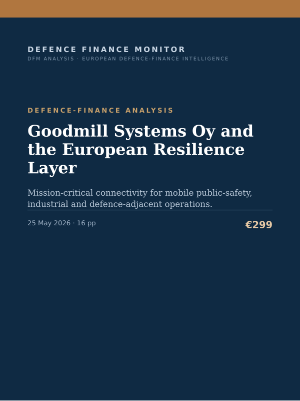 Cover of the DFM report “Goodmill Systems Oy and the European Resilience Layer” — Defence-Finance Analysis, 16-page PDF