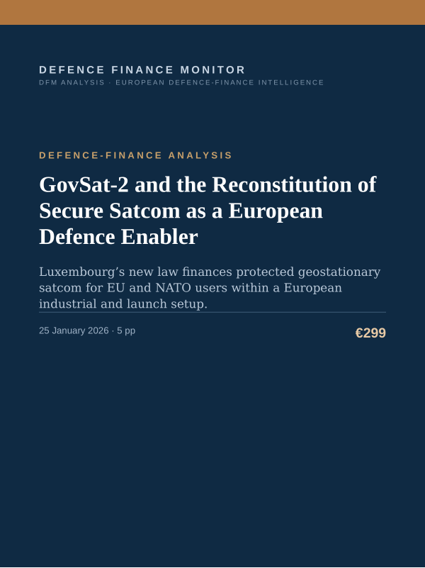 Cover of the DFM report “GovSat-2 and the Reconstitution of Secure Satcom as a European Defence Enabler” — Defence-Finance Analysis, 5-page PDF