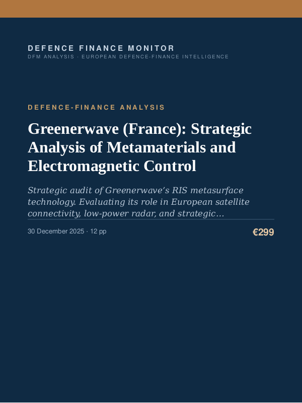 Cover of the DFM report “Greenerwave (France): Strategic Analysis of Metamaterials and Electromagnetic Control” — Defence-Finance Analysis, 12-page PDF