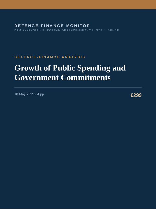Cover of the DFM report “Growth of Public Spending and Government Commitments” — Defence-Finance Analysis, 4-page PDF