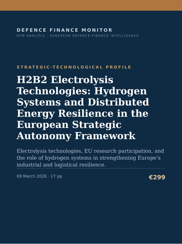 Cover of the DFM report “H2B2 Electrolysis Technologies: Hydrogen Systems and Distributed Energy Resilience in the European Strategic Autonomy Framework” — Strategic-Technological Profile, 17-page PDF