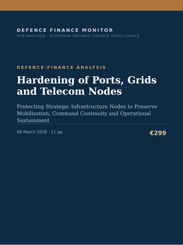 Cover of the DFM report “Hardening of Ports, Grids and Telecom Nodes” — Defence-Finance Analysis, 21-page PDF