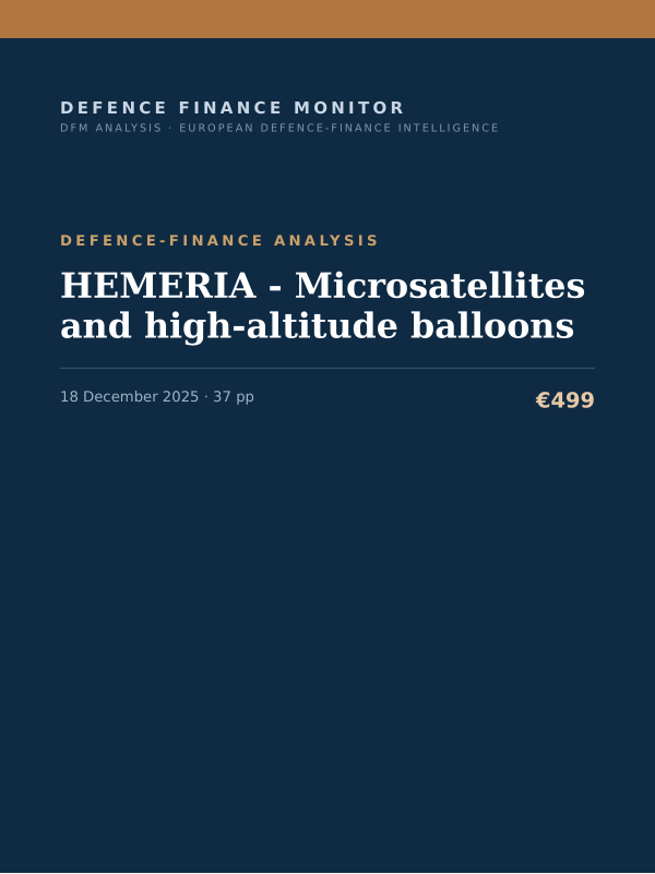 Cover of the DFM report “HEMERIA - Microsatellites and high-altitude balloons” — Defence-Finance Analysis, 37-page PDF