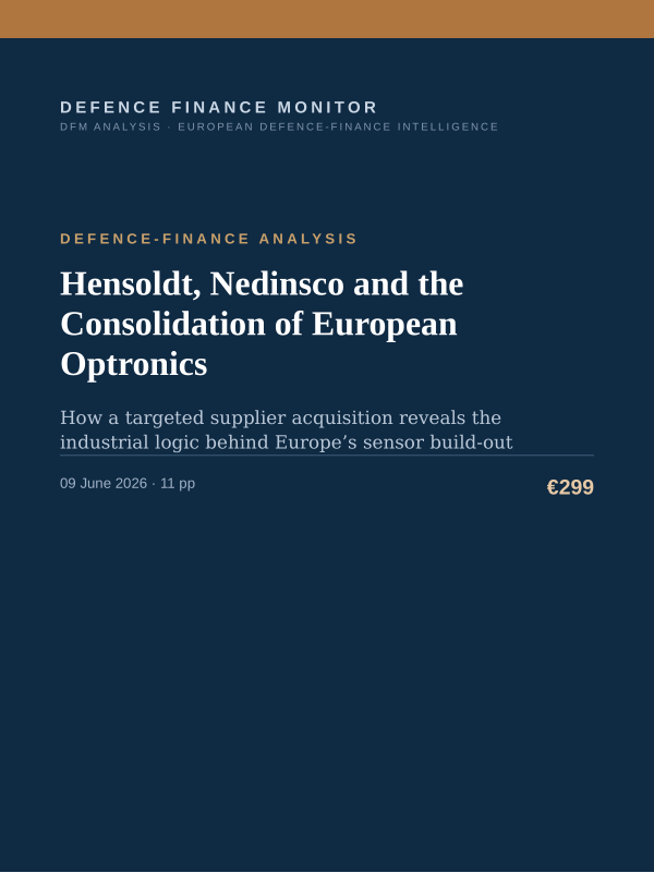 Cover of the DFM report “Hensoldt, Nedinsco and the Consolidation of European Optronics” — Defence-Finance Analysis, 11-page PDF
