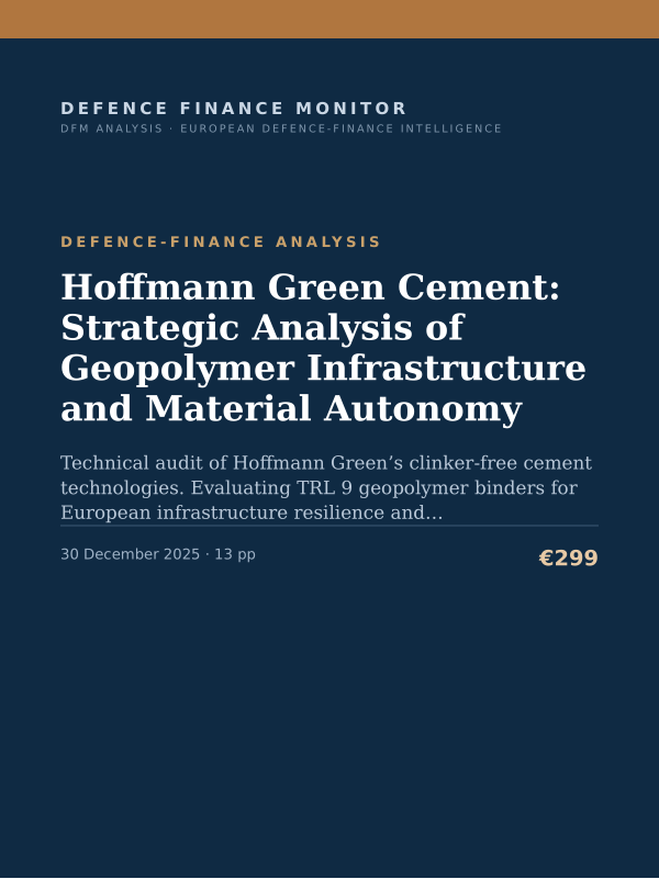 Cover of the DFM report “Hoffmann Green Cement: Strategic Analysis of Geopolymer Infrastructure and Material Autonomy” — Defence-Finance Analysis, 13-page PDF