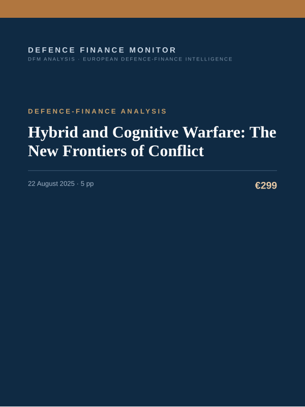 Cover of the DFM report “Hybrid and Cognitive Warfare: The New Frontiers of Conflict” — Defence-Finance Analysis, 5-page PDF