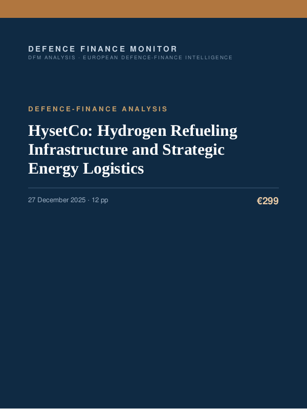 Cover of the DFM report “HysetCo: Hydrogen Refueling Infrastructure and Strategic Energy Logistics” — Defence-Finance Analysis, 12-page PDF