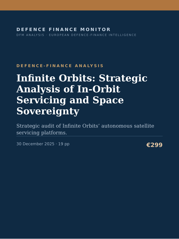 Cover of the DFM report “Infinite Orbits: Strategic Analysis of In-Orbit Servicing and Space Sovereignty” — Defence-Finance Analysis, 19-page PDF