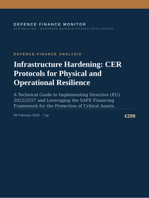 Cover of the DFM report “Infrastructure Hardening: CER Protocols for Physical and Operational Resilience” — Defence-Finance Analysis, 7-page PDF