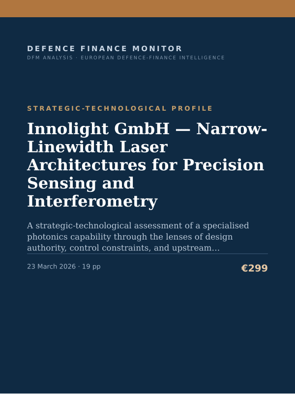 Cover of the DFM report “Innolight GmbH — Narrow-Linewidth Laser Architectures for Precision Sensing and Interferometry” — Strategic-Technological Profile, 19-page PDF