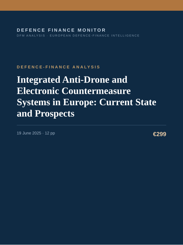 Cover of the DFM report “Integrated Anti-Drone and Electronic Countermeasure Systems in Europe: Current State and Prospects” — Defence-Finance Analysis, 12-page PDF