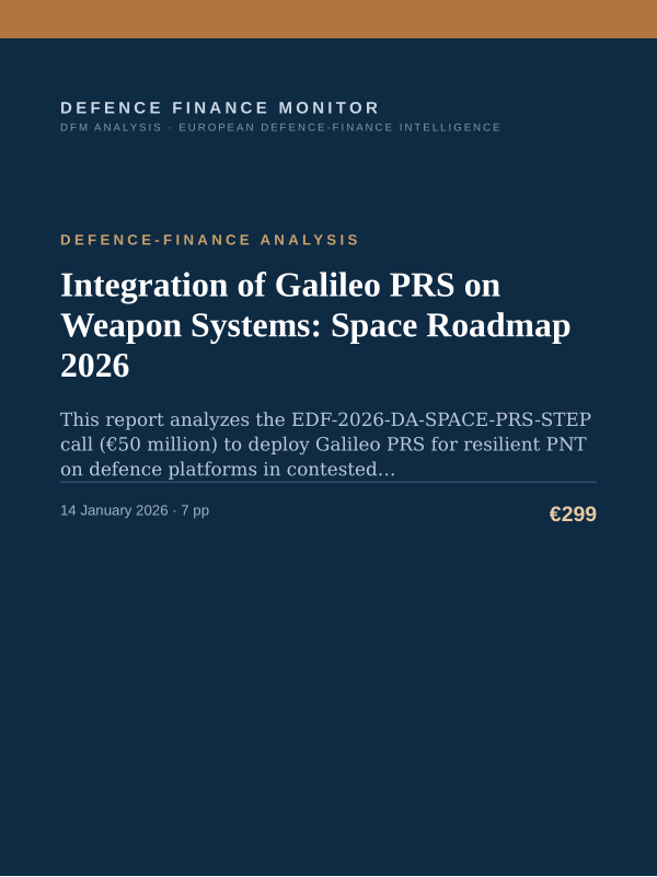 Cover of the DFM report “Integration of Galileo PRS on Weapon Systems: Space Roadmap 2026” — Defence-Finance Analysis, 7-page PDF