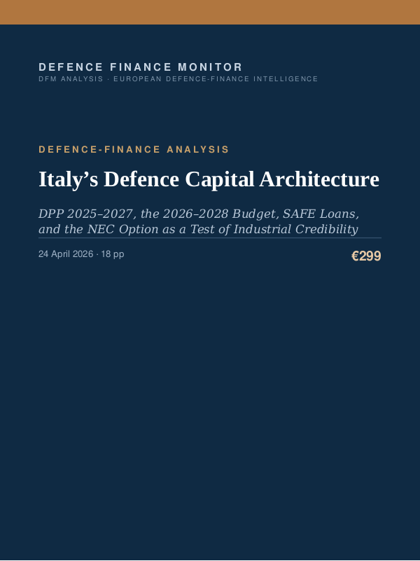 Cover of the DFM report “Italy’s Defence Capital Architecture” — Defence-Finance Analysis, 18-page PDF