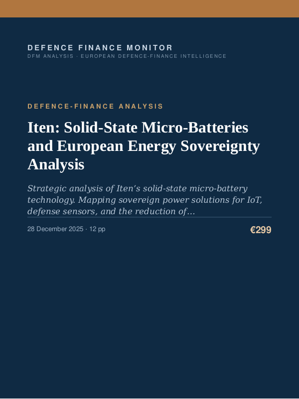 Cover of the DFM report “Iten: Solid-State Micro-Batteries and European Energy Sovereignty Analysis” — Defence-Finance Analysis, 12-page PDF