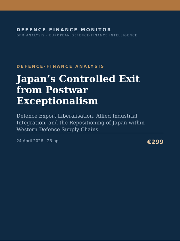 Cover of the DFM report “Japan’s Controlled Exit from Postwar Exceptionalism” — Defence-Finance Analysis, 23-page PDF