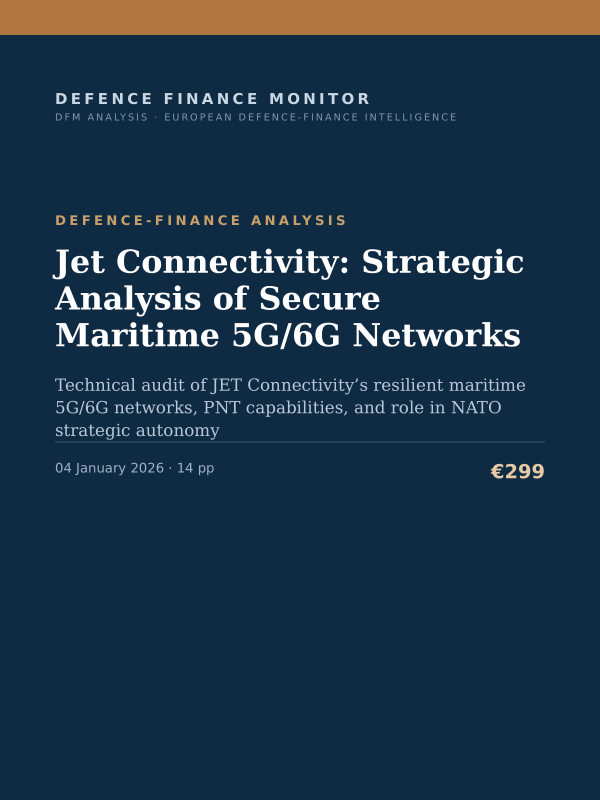 Cover of the DFM report “Jet Connectivity: Strategic Analysis of Secure Maritime 5G/6G Networks” — Defence-Finance Analysis, 14-page PDF