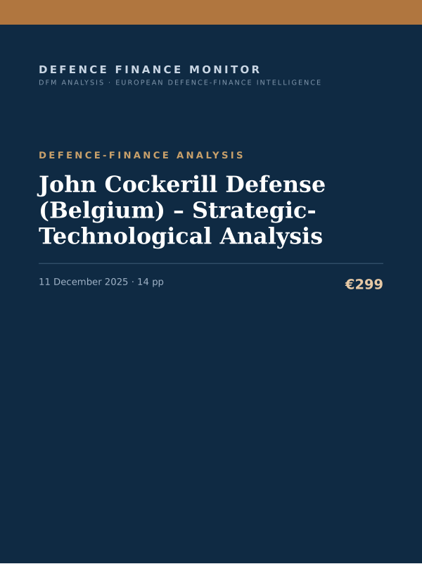 Cover of the DFM report “John Cockerill Defense (Belgium) – Strategic-Technological Analysis” — Defence-Finance Analysis, 14-page PDF