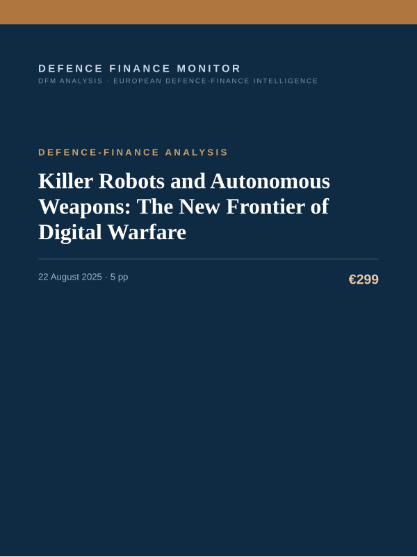 Cover of the DFM report “Killer Robots and Autonomous Weapons: The New Frontier of Digital Warfare” — Defence-Finance Analysis, 5-page PDF