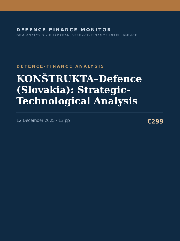 Cover of the DFM report “KONŠTRUKTA–Defence (Slovakia): Strategic-Technological Analysis” — Defence-Finance Analysis, 13-page PDF