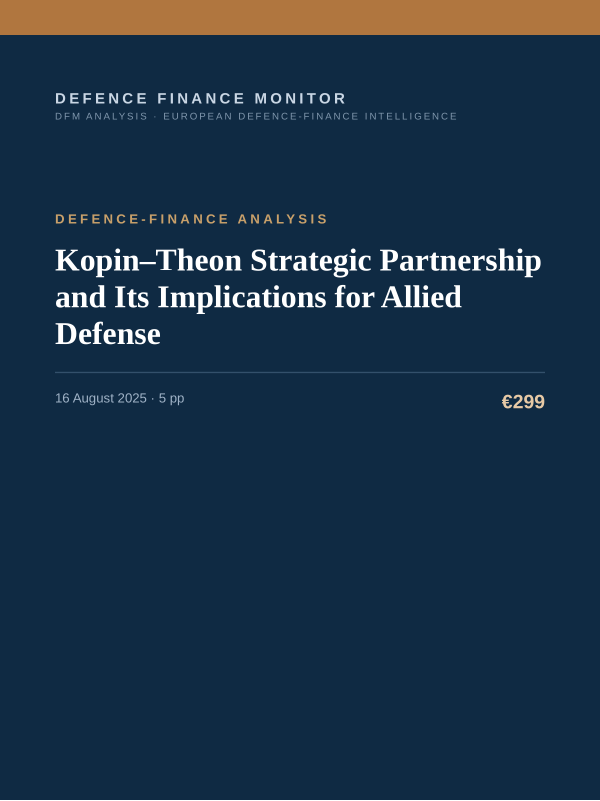 Cover of the DFM report “Kopin–Theon Strategic Partnership and Its Implications for Allied Defense” — Defence-Finance Analysis, 5-page PDF