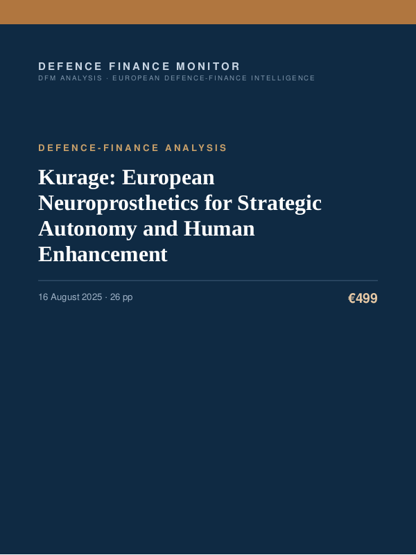 Cover of the DFM report “Kurage: European Neuroprosthetics for Strategic Autonomy and Human Enhancement” — Defence-Finance Analysis, 26-page PDF