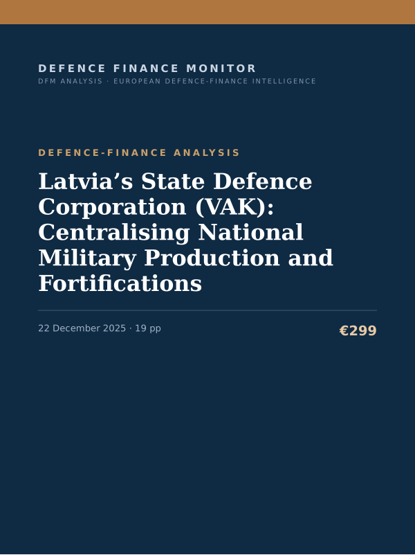 Cover of the DFM report “Latvia’s State Defence Corporation (VAK): Centralising National Military Production and Fortifications” — Defence-Finance Analysis, 19-page PDF