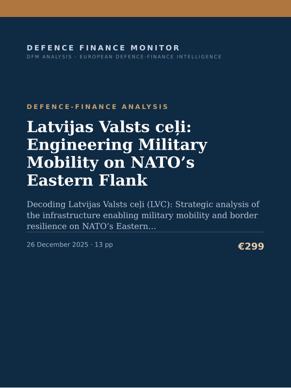 Cover of the DFM report “Latvijas Valsts ceļi: Engineering Military Mobility on NATO’s Eastern Flank” — Defence-Finance Analysis, 13-page PDF