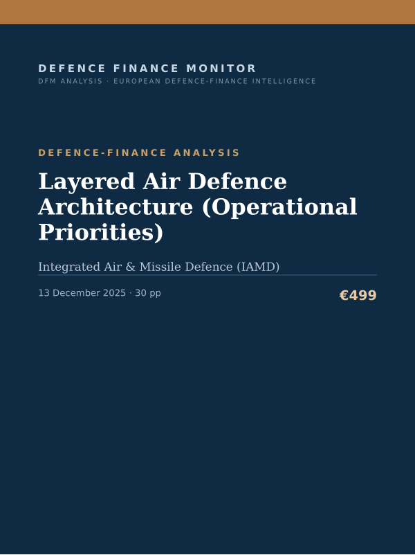 Cover of the DFM report “Layered Air Defence Architecture (Operational Priorities)” — Defence-Finance Analysis, 30-page PDF