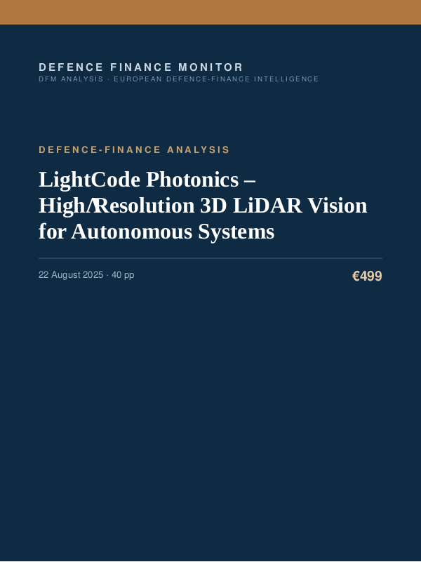 Cover of the DFM report “LightCode Photonics – High‑Resolution 3D LiDAR Vision for Autonomous Systems” — Defence-Finance Analysis, 40-page PDF
