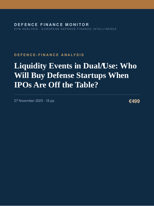 Cover of the DFM report “Liquidity Events in Dual‑Use: Who Will Buy Defense Startups When IPOs Are Off the Table?” — Defence-Finance Analysis, 18-page PDF