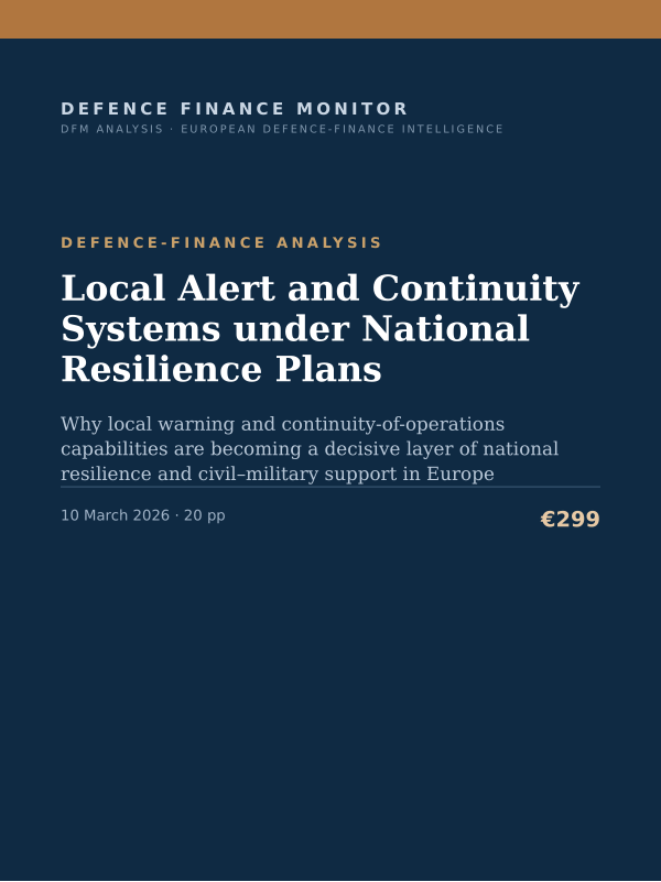 Cover of the DFM report “Local Alert and Continuity Systems under National Resilience Plans” — Defence-Finance Analysis, 20-page PDF