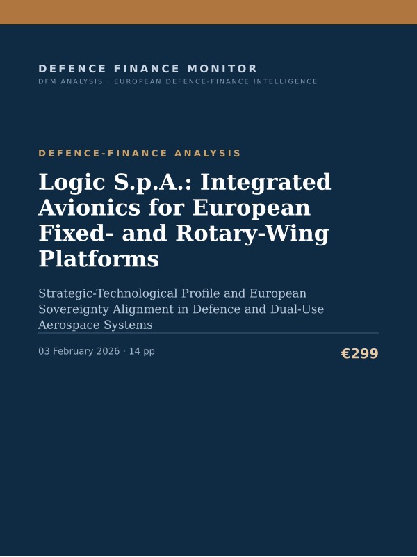 Cover of the DFM report “Logic S.p.A.: Integrated Avionics for European Fixed- and Rotary-Wing Platforms” — Defence-Finance Analysis, 14-page PDF