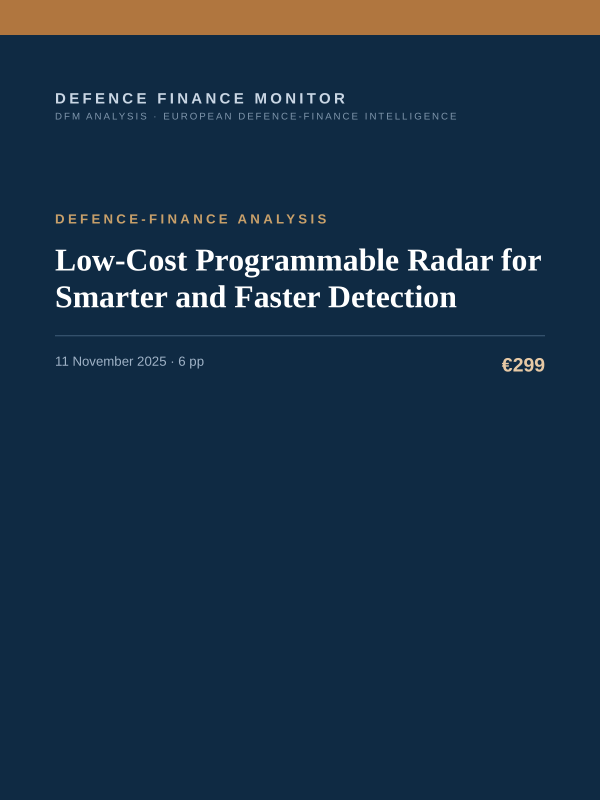 Cover of the DFM report “Low-Cost Programmable Radar for Smarter and Faster Detection” — Defence-Finance Analysis, 6-page PDF