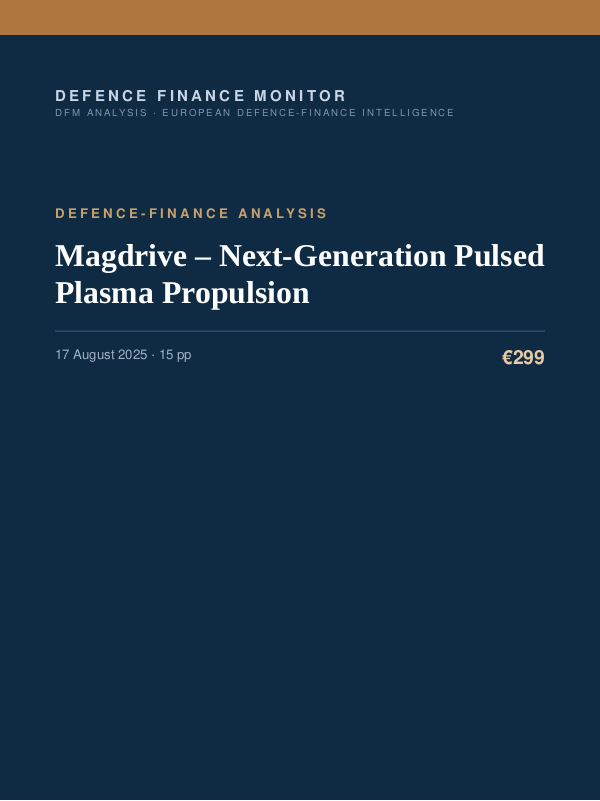 Cover of the DFM report “Magdrive – Next-Generation Pulsed Plasma Propulsion” — Defence-Finance Analysis, 15-page PDF