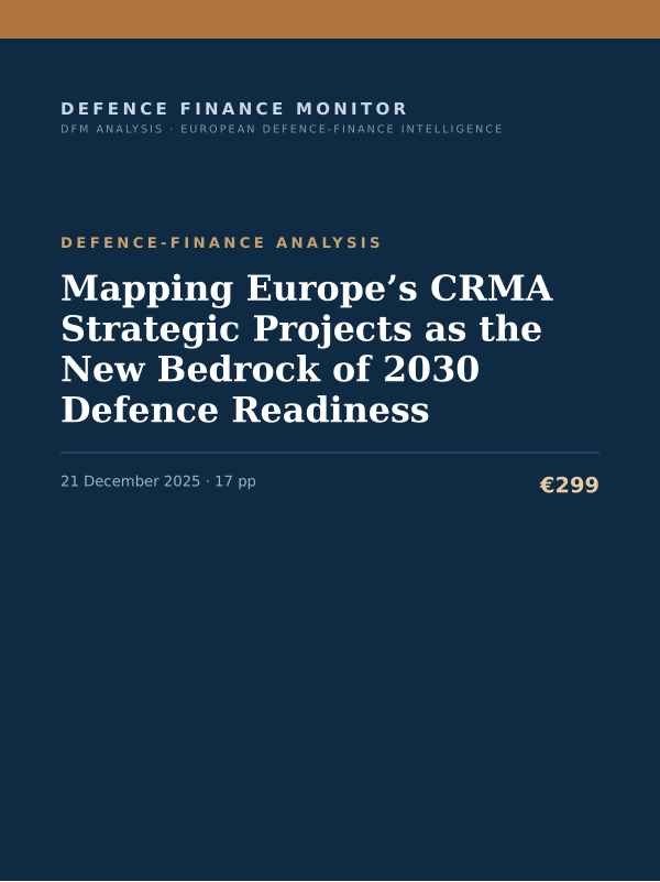 Cover of the DFM report “Mapping Europe’s CRMA Strategic Projects as the New Bedrock of 2030 Defence Readiness” — Defence-Finance Analysis, 17-page PDF