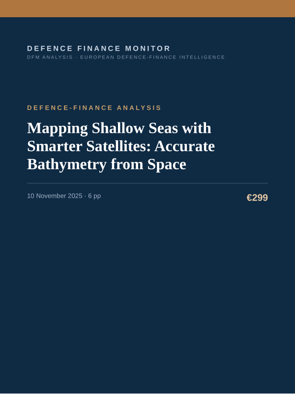 Cover of the DFM report “Mapping Shallow Seas with Smarter Satellites: Accurate Bathymetry from Space” — Defence-Finance Analysis, 6-page PDF