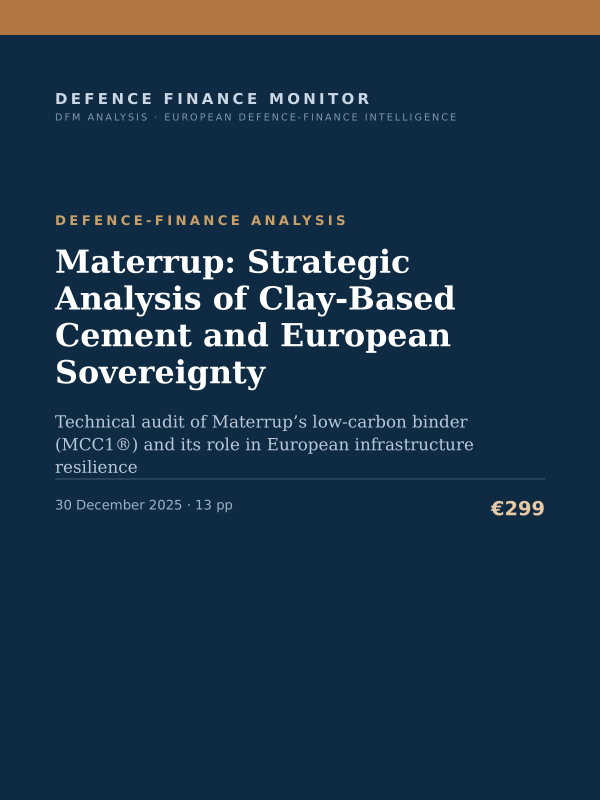 Cover of the DFM report “Materrup: Strategic Analysis of Clay-Based Cement and European Sovereignty” — Defence-Finance Analysis, 13-page PDF