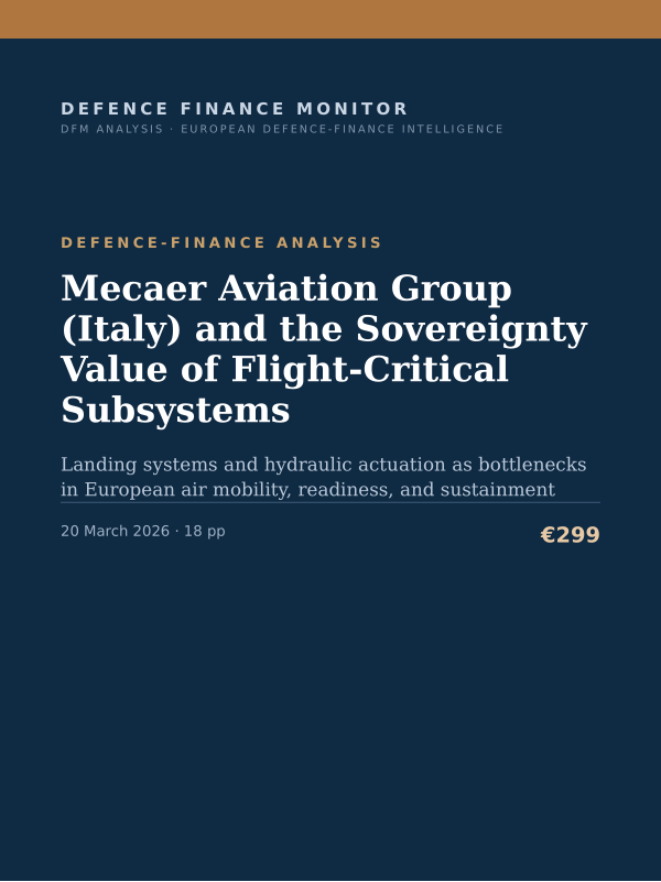 Cover of the DFM report “Mecaer Aviation Group (Italy) and the Sovereignty Value of Flight-Critical Subsystems” — Defence-Finance Analysis, 18-page PDF