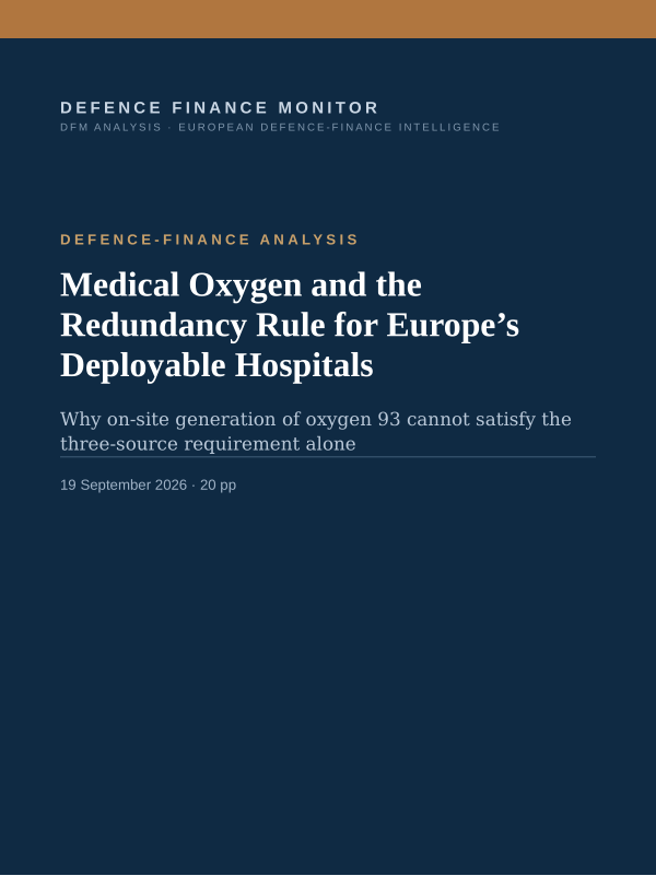 Cover of the DFM report “Medical Oxygen and the Redundancy Rule for Europe’s Deployable Hospitals” — Defence-Finance Analysis, 20-page PDF