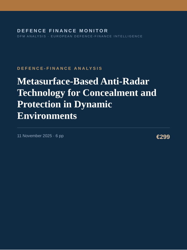 Cover of the DFM report “Metasurface-Based Anti-Radar Technology for Concealment and Protection in Dynamic Environments” — Defence-Finance Analysis, 6-page PDF