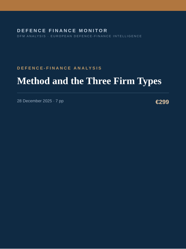 Cover of the DFM report “Method and the Three Firm Types” — Defence-Finance Analysis, 7-page PDF