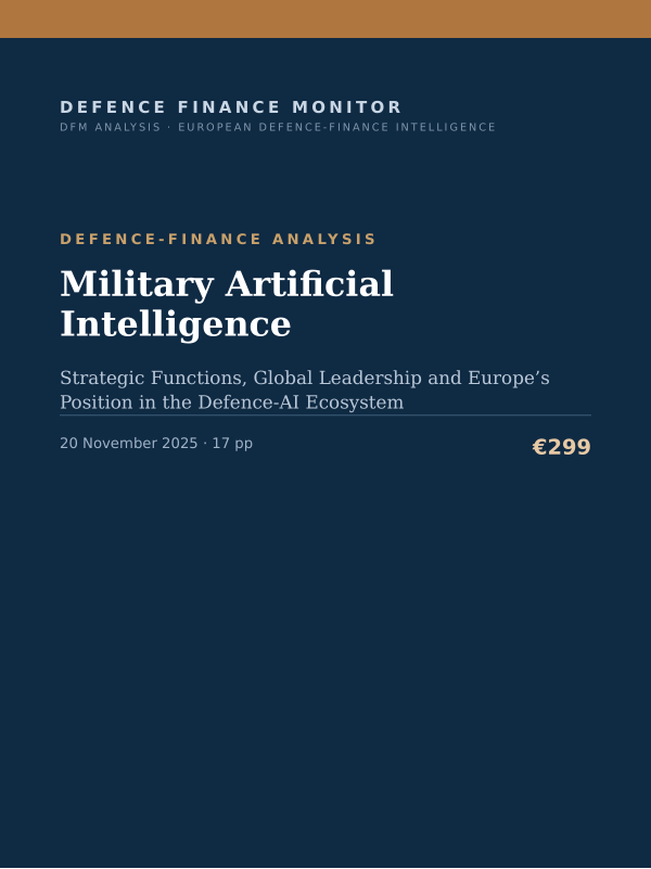 Cover of the DFM report “Military Artificial Intelligence” — Defence-Finance Analysis, 17-page PDF