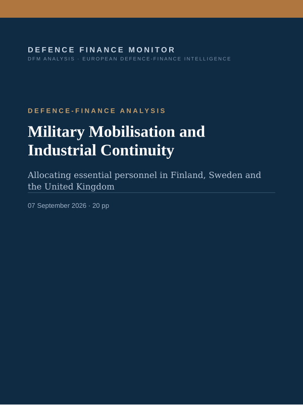 Cover of the DFM report “Military Mobilisation and Industrial Continuity” — Defence-Finance Analysis, 20-page PDF