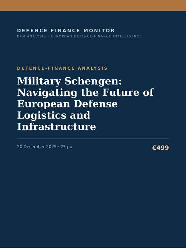 Cover of the DFM report “Military Schengen: Navigating the Future of European Defense Logistics and Infrastructure” — Defence-Finance Analysis, 25-page PDF