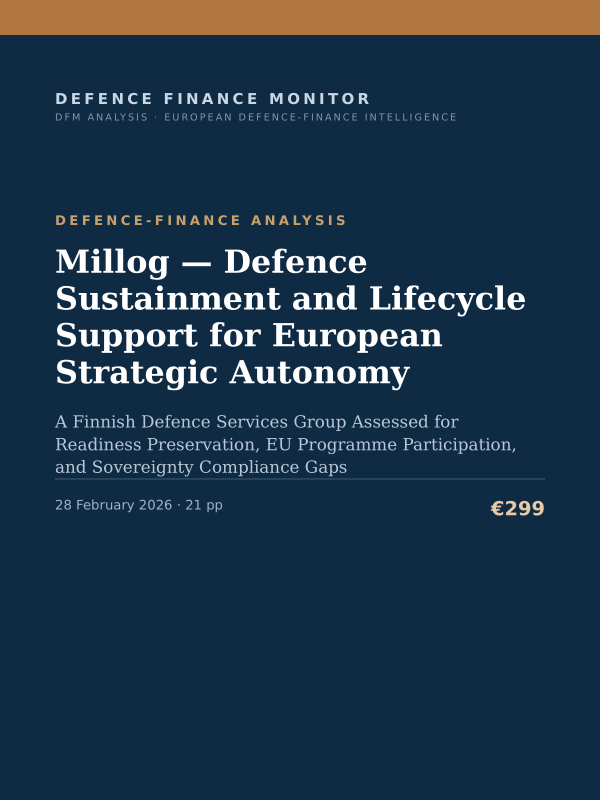Cover of the DFM report “Millog — Defence Sustainment and Lifecycle Support for European Strategic Autonomy” — Defence-Finance Analysis, 21-page PDF