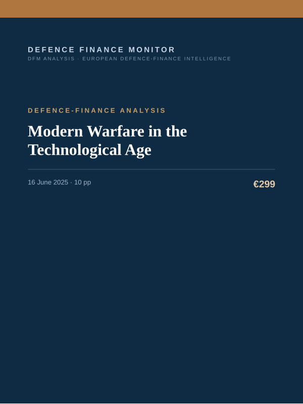 Cover of the DFM report “Modern Warfare in the Technological Age” — Defence-Finance Analysis, 10-page PDF
